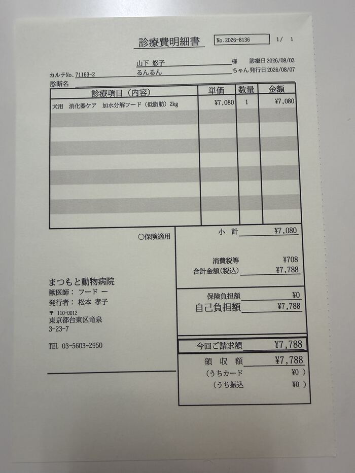 るんるん フード購入 診療費明細書